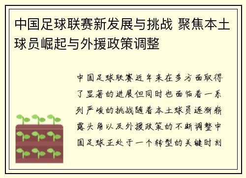 中国足球联赛新发展与挑战 聚焦本土球员崛起与外援政策调整